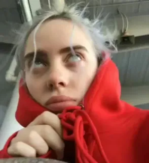 🙄 Billie Eilish billie eilish, นักร้อง, คนดัง, เสื้อฮู้ดสีแดง, มีม telegram sticker