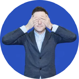 😷 mężczyzna, zasłonięte oczy, z zawiązanymi oczami, niebieskie tło, biznesmen, garnitur whatsapp sticker