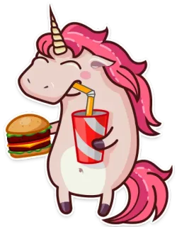 🍔 unicórnio, comida, hambúrguer, refrigerante, fofo, fantasia, animal whatsapp sticker