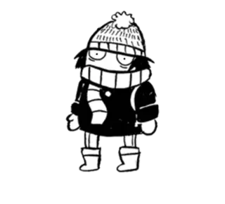 ❄ kartun, musim dingin, topi, syal, sepatu bot, hitam putih whatsapp sticker