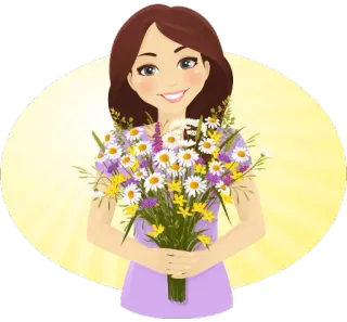 💐 Frau, Blumen, Strauß, Gänseblümchen, Cartoon whatsapp sticker