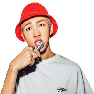 😬 RM Myne kpop, rm, bts, spazzolino da denti, cappello rosso, celebrità telegram sticker