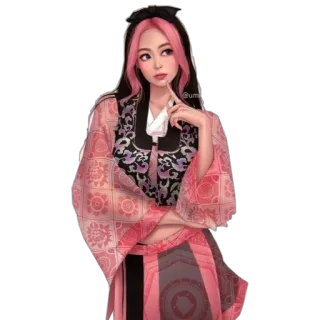 🦔 woman, girl, illustration, korean, hanbok, pink hair, traditional clothing, portrait telegram sticker