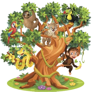 🌳 animali, albero, giungla, pappagallo, bradipo, giaguaro, scimmia, tucano telegram sticker