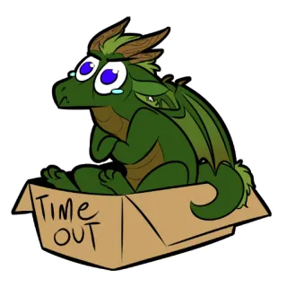😥 TIME OUT Drache, Cartoon, Auszeit, traurig, Kiste, Tier, grün telegram sticker