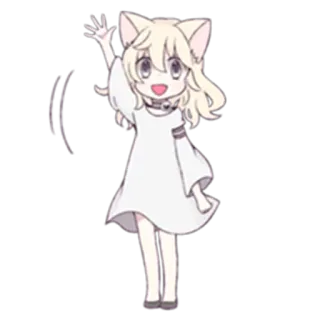 ✋ garota anime, orelhas de gato, acenando, vestido branco, fofa, kawaii telegram sticker