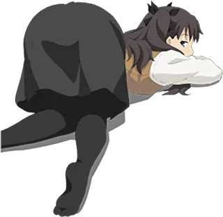 🍑 Rin Tohsaka Fate/stay night animé, fille, allongée, cheveux foncés, mignon telegram sticker