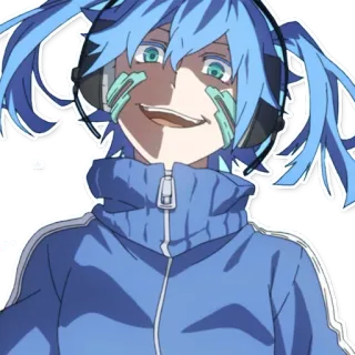 💀 Anime, Personaje, Dibujo animado, Ilustración, pelo azul, auriculares, arte digital whatsapp sticker