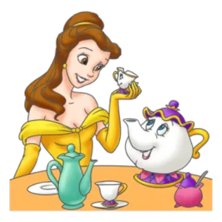 😊 Belle Beauty and the Beast Disney, Belle, Teetasse, Teekanne, Cartoon, Prinzessin telegram sticker