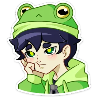 🤔 动漫男孩, 青蛙帽子, 绿色, 可爱, 悲伤, Q版, 漫画, 卡通 whatsapp sticker