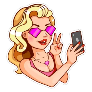 🤳 femme blonde, selfie, signe de paix, lunettes de soleil roses, dessin animé, autocollant, femme avec téléphone, Apple iPhone telegram sticker