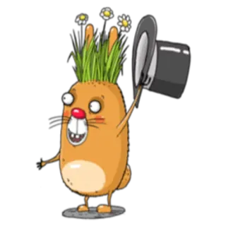 🎩 coniglio, cartone animato, divertente, erba, fiori, cilindro whatsapp sticker