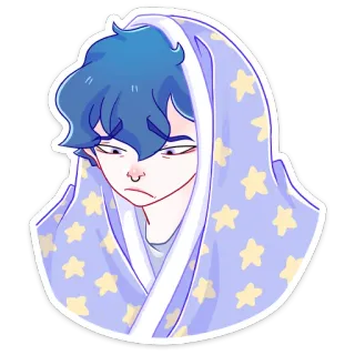 😴 adesivo, triste, cabelo azul, cobertor, estrelas, sonolento, desenho animado, ilustração whatsapp sticker