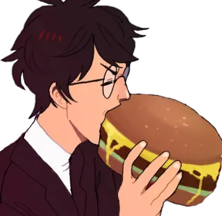 🍔 hombre, hamburguesa, comiendo, comida, dibujo animado, gafas, traje telegram sticker