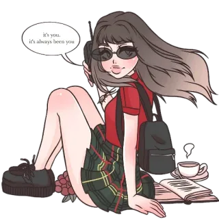 😎 it's you, it's always been you ragazza, occhiali da sole, gonna a quadri, caffè, libro, cartone animato, anime telegram sticker