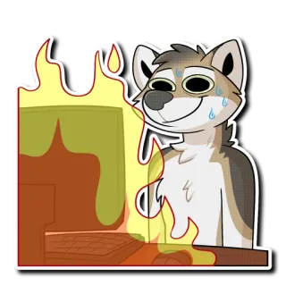 🔥 furry, loup, ordinateur, feu, dessin animé, sueur, anxieux telegram sticker