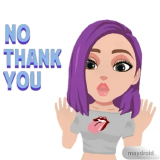 😅 NO THANK YOU không, cảm ơn, cô gái, tóc tím, hoạt hình, nhãn dán telegram sticker
