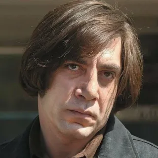 😒 Anton Chigurh No Country for Old Men Javier Bardem, actor, villano, personaje, película telegram sticker