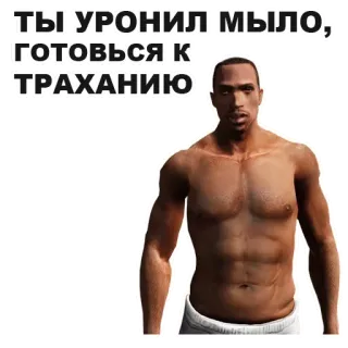 👃 CJ Grand Theft Auto: San Andreas ТЫ УРОНИЛ МЫЛО,
ГОТОВЬСЯ К ТРАХАНИЮ GTA, Grand Theft Auto, CJ, Gra wideo, Meme, Rosyjski, Śmieszne, Humor telegram sticker