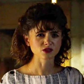 😑 Nancy Wheeler Stranger Things Nancy Wheeler, Stranger Things, portrait, Natalia Dyer, actress, scared, upset, worried telegram sticker