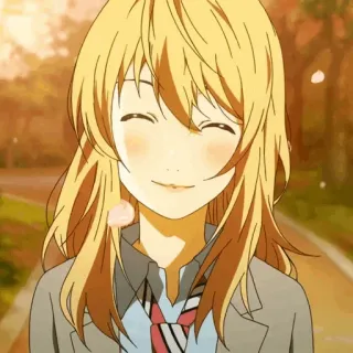 💛 Kaori Miyazono Your Lie in April anime, meisje, blond haar, glimlach, schattig, personage, emotioneel, schooluniform telegram sticker