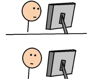 😑 computer, stick figure, cartoon, monitor, desk telegram sticker