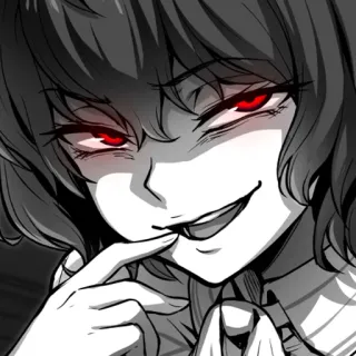 😏 anime, manga, chica, ojos rojos, sonrisa burlona, dibujos animados, siniestro telegram sticker