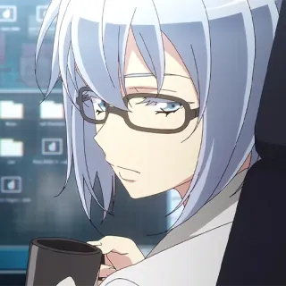 💎 Anime, Mulher, Óculos, Xícara, Cabelo Branco telegram sticker