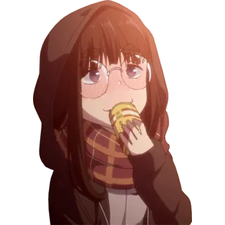 😗 动漫, 女孩, 可爱, 吃, 眼镜, 围巾 telegram sticker