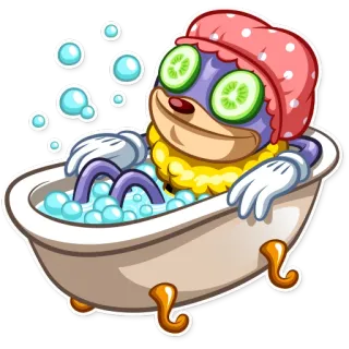 🛀 แมวน้ำ, อาบน้ำ, แตงกวา, ผ่อนคลาย, ฟอง, น่ารัก, การ์ตูน telegram sticker