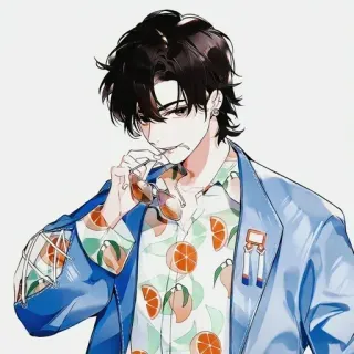 😏 anime, male, cartoon, sunglasses, orange pattern, jacket telegram sticker