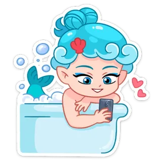 📱 putri duyung, bak mandi, ponsel cerdas, kartun, seni digital, gelembung, makhluk laut, lucu telegram sticker