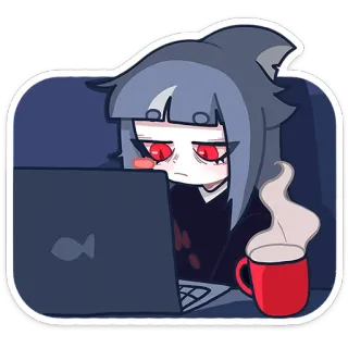 😕 anime, shark, tired, computer, coffee, red eyes telegram sticker