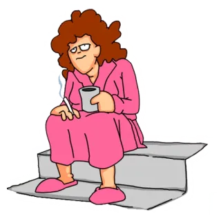 ☕ woman, coffee, cigarette, robe, cartoon, morning, stairs telegram sticker