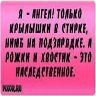 🦷 Я - АНГЕЛ! ТОЛЬКО
КРЫЛЫШКИ В СТИРКЕ,
НИМБ НА ПОДЗАРЯДКЕ. А
РОЖКИ И ХВОСТИК - ЭТО
НАСЛЕДСТВЕННОЕ.
PIXOR.RU 天使, 翼, ユーモア, ロシア, 悪魔, 角, 尻尾 telegram sticker