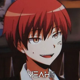 🤔 Karma Akabane Assassination Classroom YEAH animé, cheveux roux, suffisant, confiant, école telegram sticker