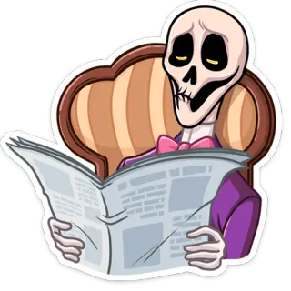 📰 骸骨, 読書, 新聞, 椅子, 骸骨 読書, 面白い telegram sticker
