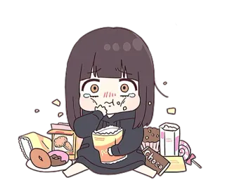 🌭 chibi, anime, cute, eating, sad, food, crying telegram sticker