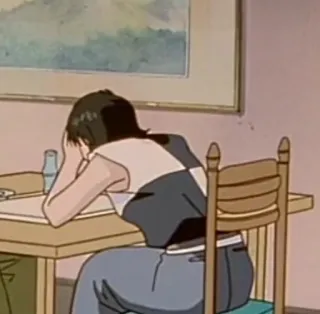 😢 Anime, Triste, Ragazza, Tavolo, Sedia, Finestra telegram sticker