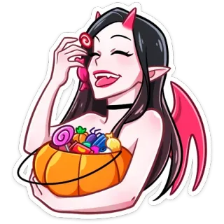 🍭 halloween, quỷ, cánh, sừng, kẹo, bí ngô, nữ, trang phục whatsapp sticker