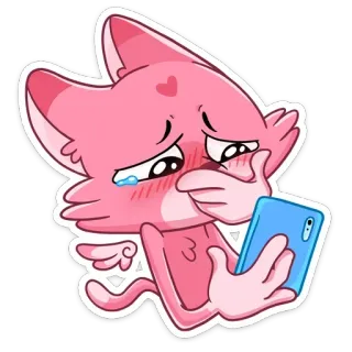 😢 고양이, 슬픈, 전화, 분홍색, 만화 telegram sticker