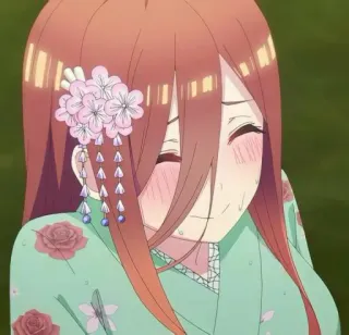 💙 Miku Nakano The Quintessential Quintuplets anime, girl, blushing, happy, cute, flowers telegram sticker