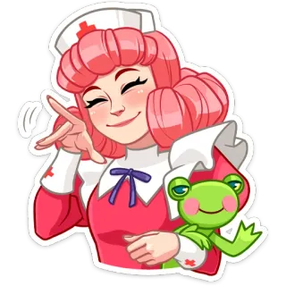 ☺️ enfermera, dibujos animados, pelo rosa, rana, cruz roja, animación whatsapp sticker