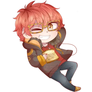😁 707 Mystic Messenger 밥이다 튀김우동 anime, chibi, 707, Mystic Messenger, videogame, character, cartoon telegram sticker