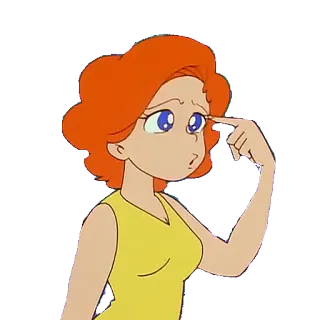 🤔 mujer, dibujo animado, anime, persona, pensando, pelo naranja, camisa amarilla telegram sticker