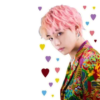 😐 Kim Taehyung Ким Тэхён, BTS, K-pop, Айдол, Певец, Знаменитость, Розовые волосы, Сердечки, Цветная куртка whatsapp sticker