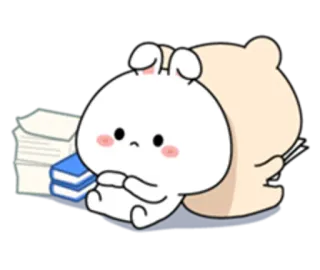 😔 cute, bunny, bear, studying, books, sad, tired telegram sticker