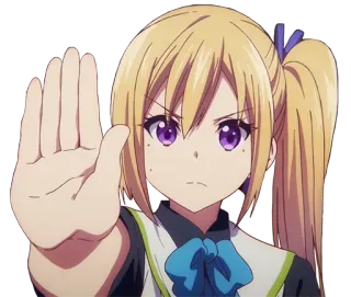 ✋ fille anime, stop, geste de la main, blonde, queue de cheval, yeux violets telegram sticker