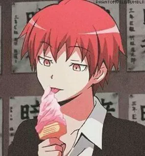 🌪 Karma Akabane Assassination Classroom anime, red hair, ice cream, character, smiling, pink, karma, akabane telegram sticker