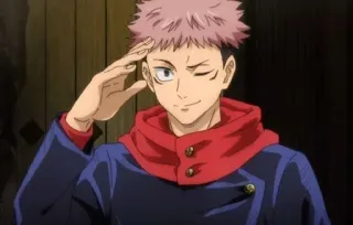 😌 Yuji Itadori Jujutsu Kaisen anime, manga, Yuji Itadori, Jujutsu Kaisen, character, smile, winking, salute telegram sticker